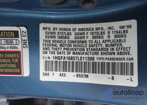 2007 Honda Civic Ex from USA, damaged, VIN 1HGFA16857L011306